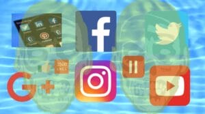 A group of social media icons floating in the water, resembling a monster emerging from a vast social network.